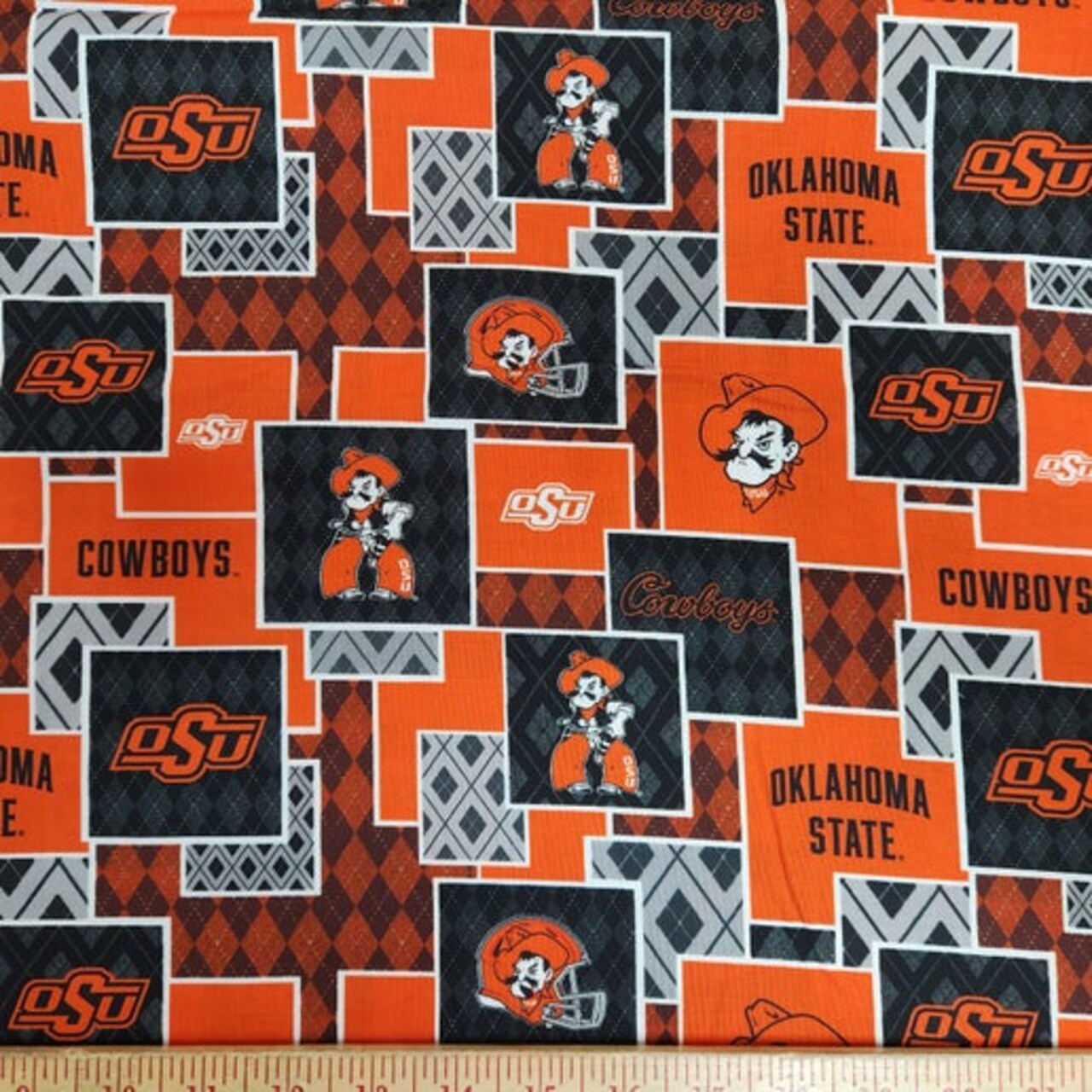 Licensed NCAA Oklahoma State University Argyle Boxes Cotton Fabric by the Yard